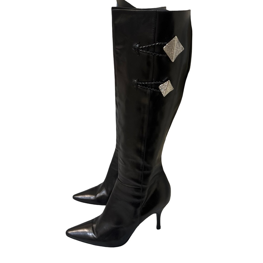 Roberto Botticelli Black Heeled Boots with Silver Accents 38 7.5